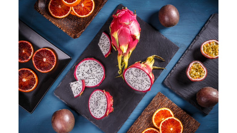 Tropical fruit concept,High angle view of fruits on table