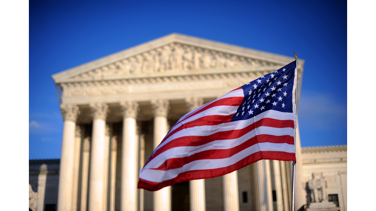 A US flag is held by a marcher in front