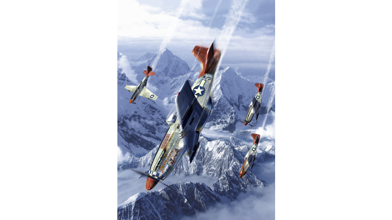 Tuskegee airmen of the 332nd fighter group flying near the Alps in their P-51 Mustangs.