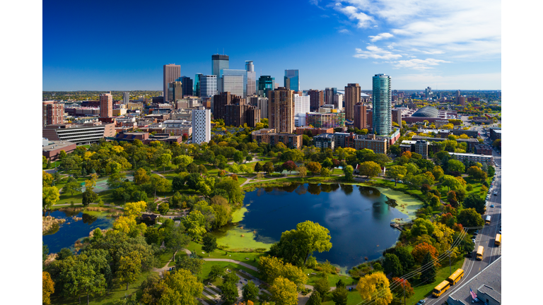 Minneapolis Skyline Aerial With Park And Lake