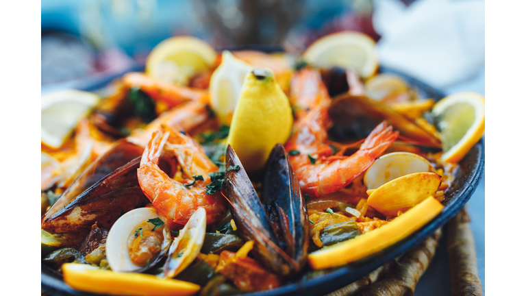 spanish seafood paella, closeup view