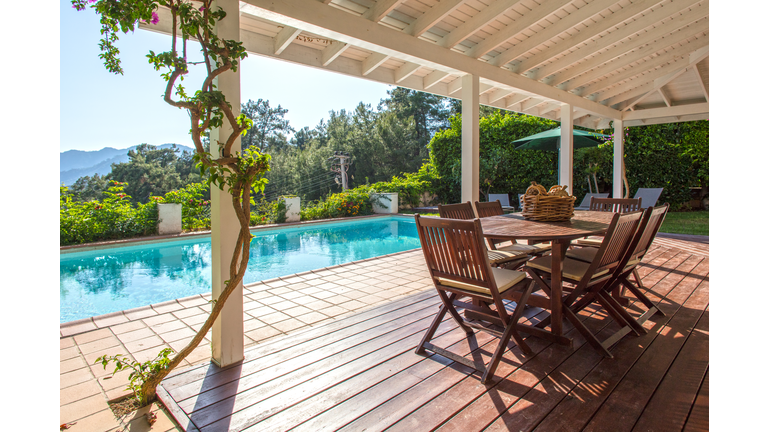 Beautiful House, Swimming Pool View from the Veranda, Summer Day