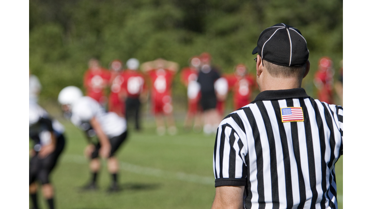 American football referee viewed from the rear at the game