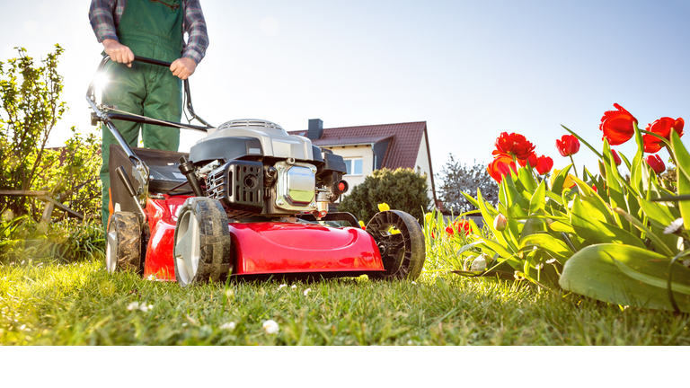 Lawn mower in a sunny garden at spring time