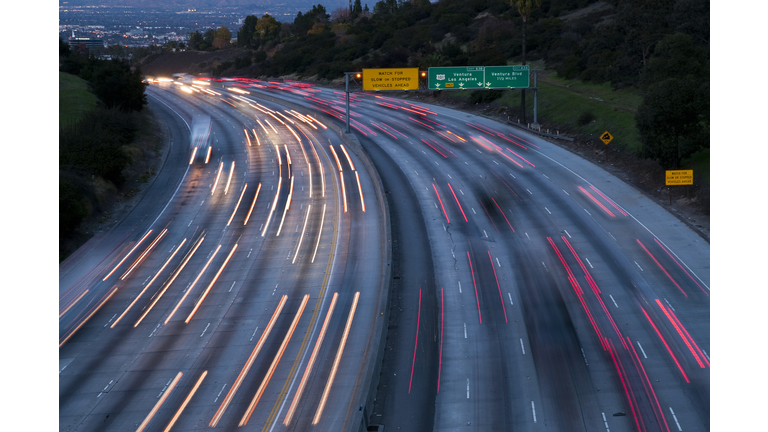 Blurred car lights at dusk, Interstate 405, Los Angeles, California, USA