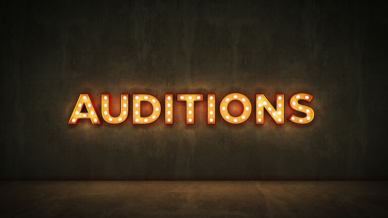 Neon Sign on Brick Wall background - Auditions. 3d rendering