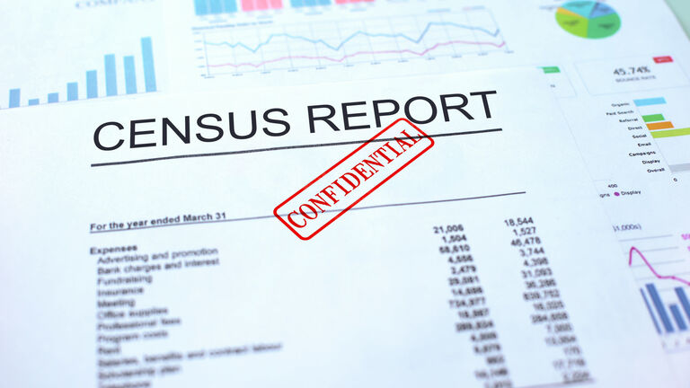 Census report confidential, hand stamping seal on official document, statistics