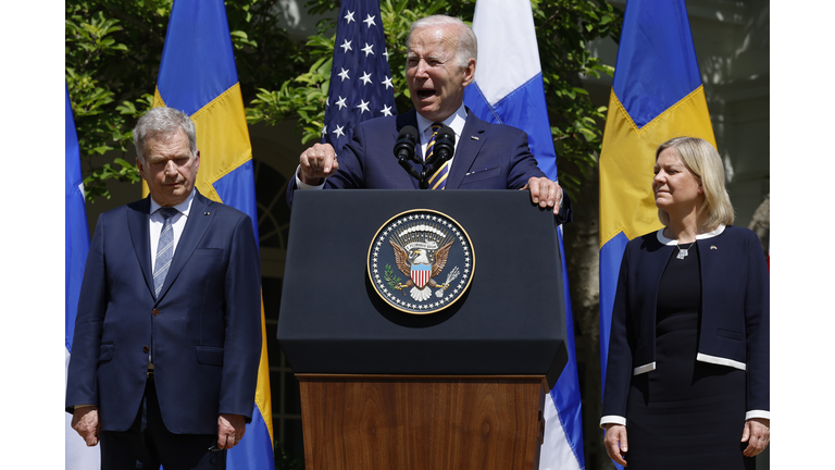 President Biden, Sweden's Prime Minister Andersson, And Finland's President Niinisto Speak In The Rose Garden Of The White House