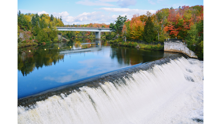 Scenic view of waterfall against sky,Ave Royale,Canada