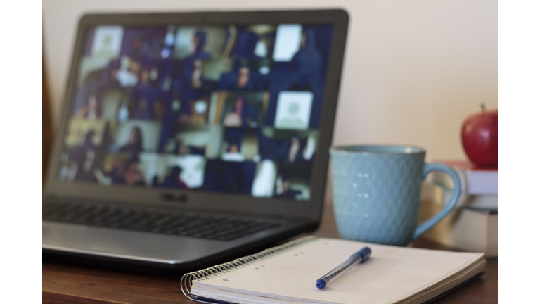 Laptop, school and books on table. Online school, e-learning concept