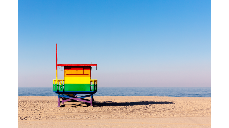 Lifeguard tower colored in rainbow in Venice Beach, Los Angeles, USA