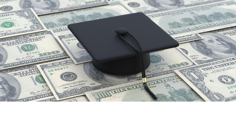 College cost, student loan, scholarship. Graduate cap on dollar banknotes. 3d illustration