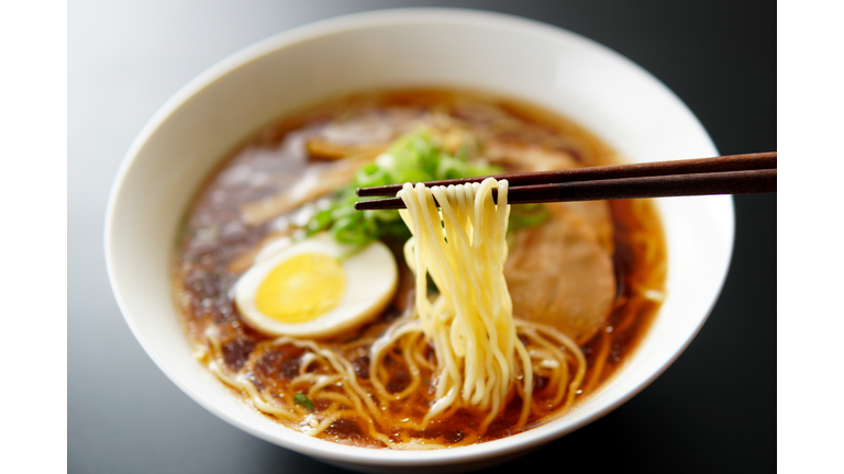 Ramen noodles in soy sauce flavored soup.