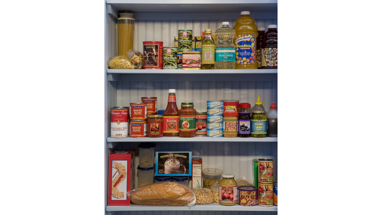 Food items on pantry shelves