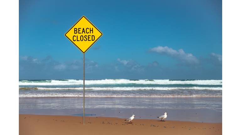 Beach Closed Warning Sign On An Empty Beach