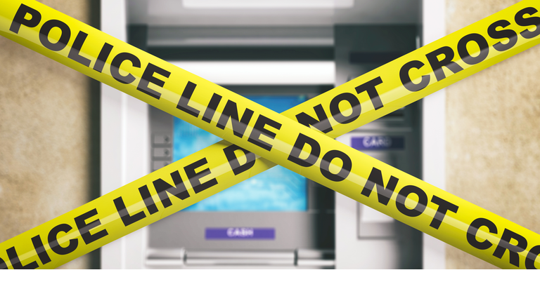 Police line. Warning yellow tape, text do not cross, blur ATM background. 3d illustration