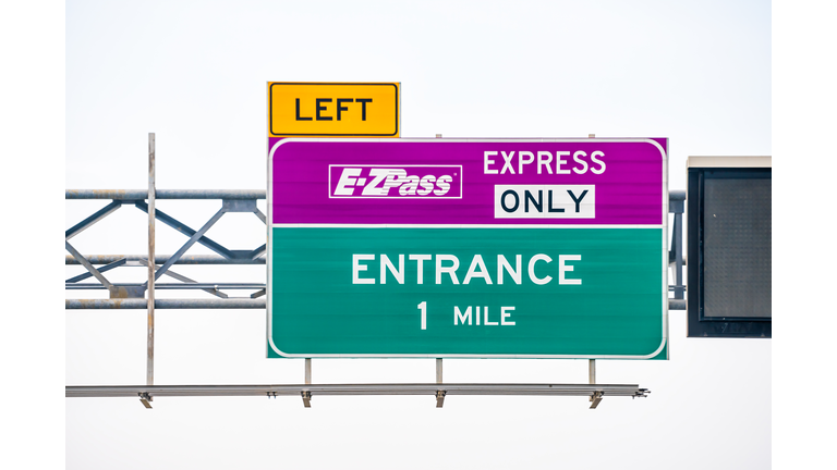 EZPass EZ Pass exit lane for toll with sign text for entrance and left turn in Virginia