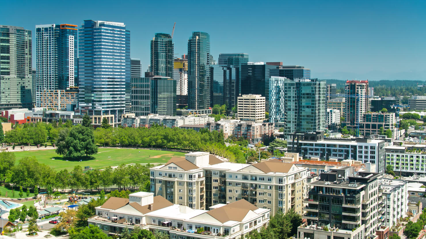 Bellevue Downtown Park on a Sunny Day - Drone Shot