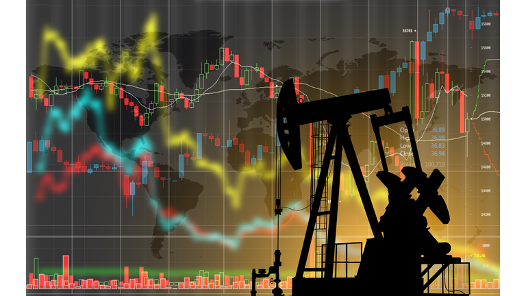 Oil pump on the background of stock charts. Changes in world oil prices