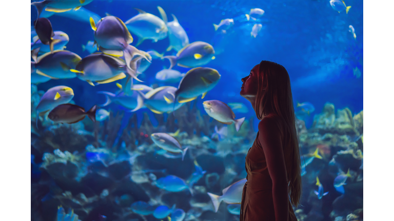 Young woman touches a stingray fish in an oceanarium tunnel