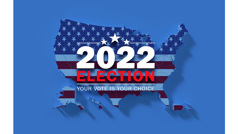 US 2022 Midterm Election Concept - 2022 Written Over American Physical Map Textured with American Flag