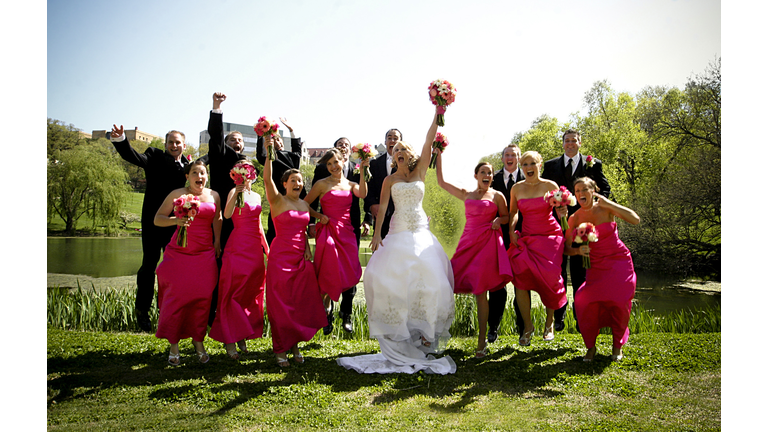 Pink Wedding Party Happy Jumping