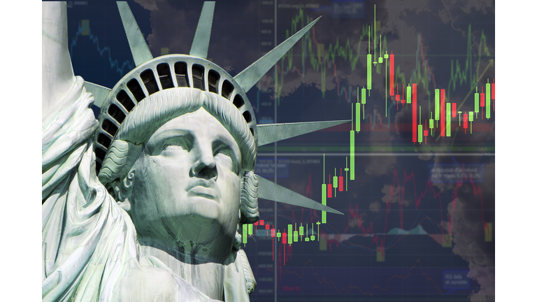 Statue of Liberty on the background of stock charts. Financial crisis in USA