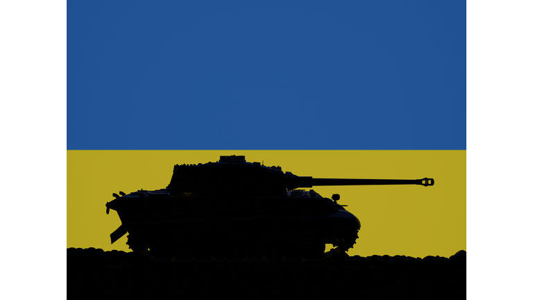 War between Russia and Ukraine, Ukraine flag and tank