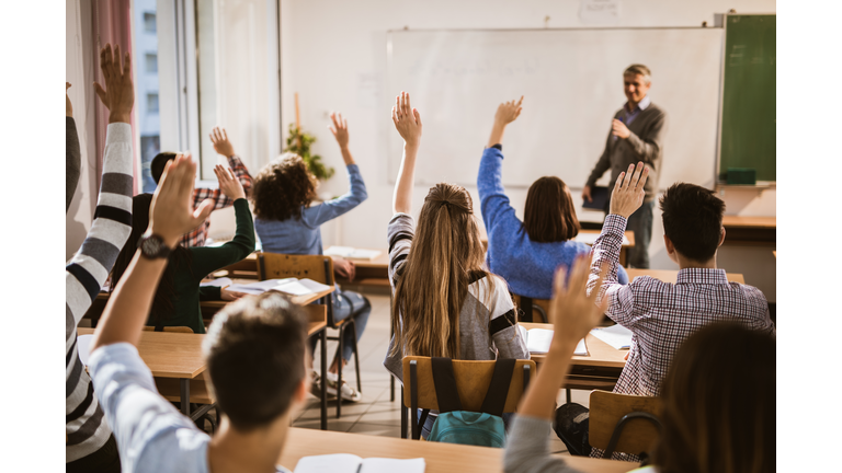 Back view of  high school students raising hands on a class.