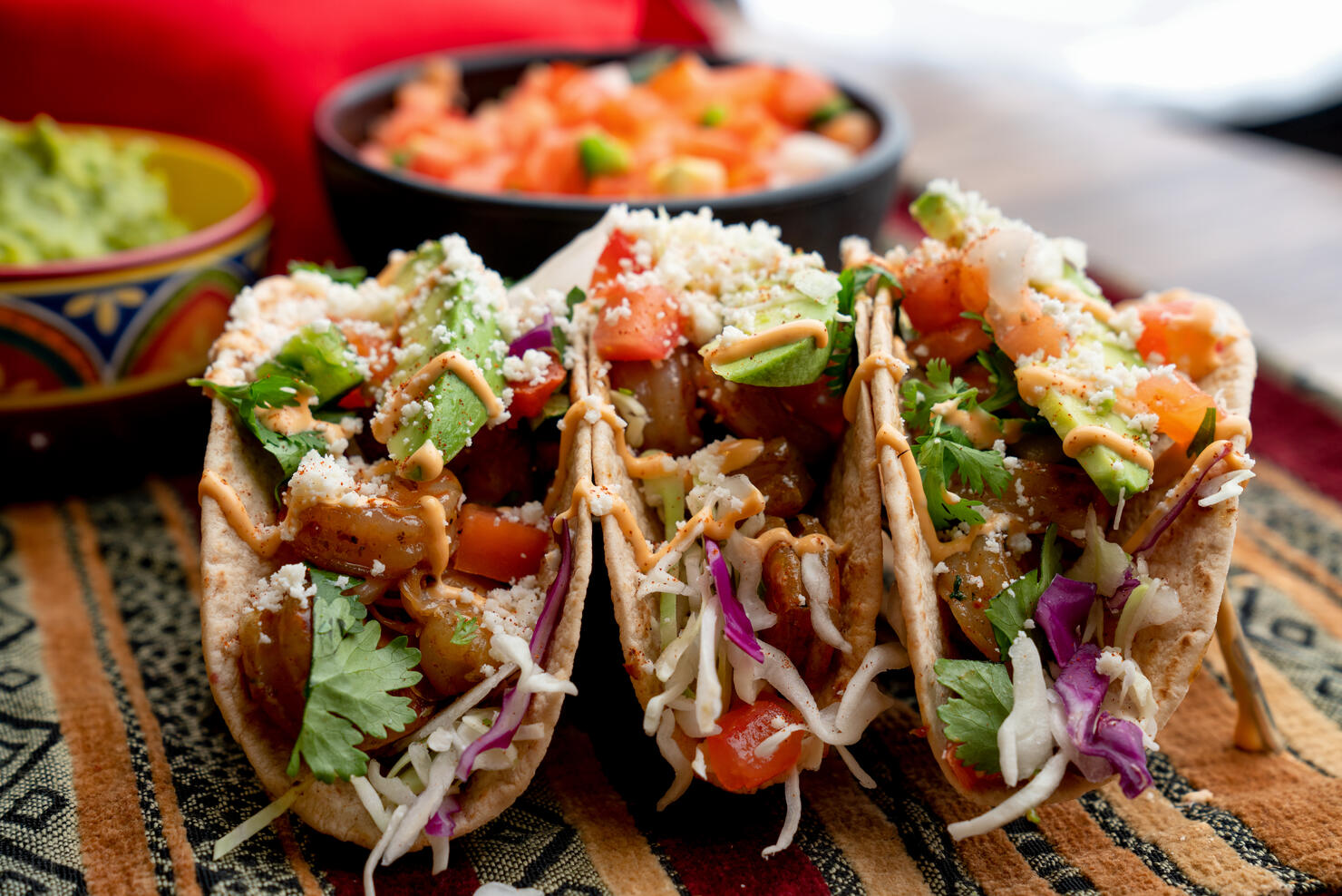 Colorful Street Tacos, Shrimp - Seafood, Fish, Grilled, Ready-To-Eat