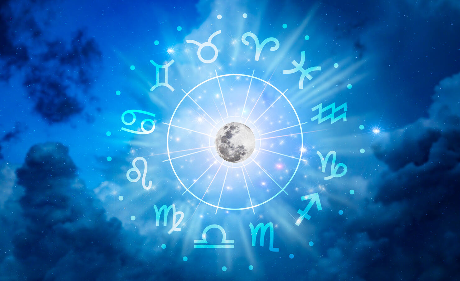 Zodiac signs inside of horoscope circle. Astrology in the sky with many stars and moons  astrology and horoscopes concept