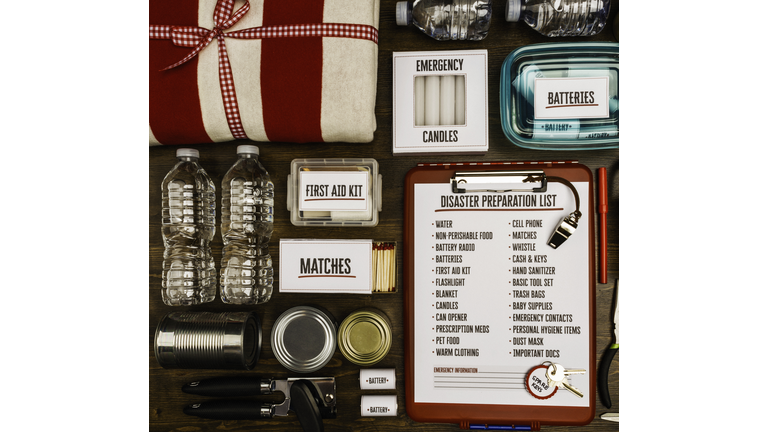 Flat lay of a collection of items for disaster preparedness and emergency planning