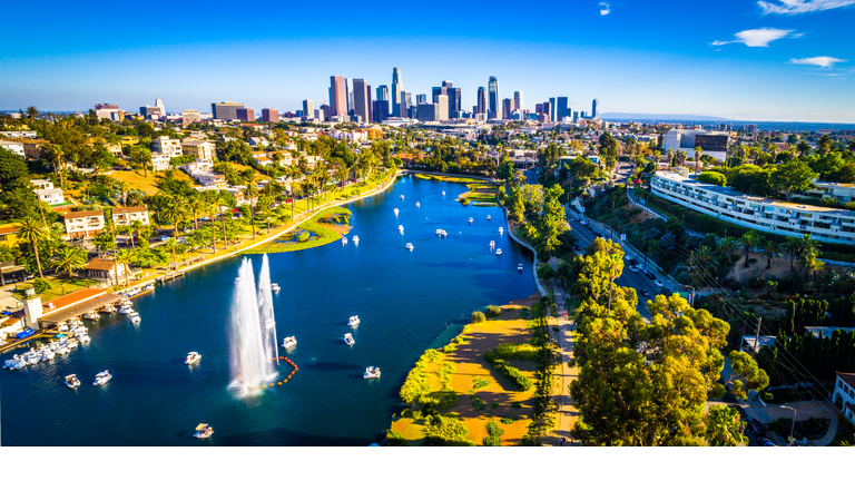 Los Angeles California Echo Park With Fountain and Afternoon View of the Cityscape Skyline of the second largest city