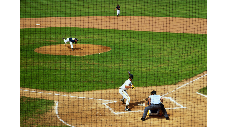 College baseball game in progress, elevated view, North Carolina, USA