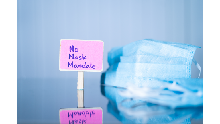 Concept of Protest against Mask Mandate, Showing by placing No Mask Mandate Sign board next to Medical face masks.