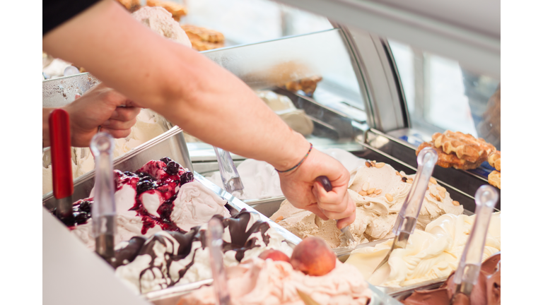 Close-up of a variety of ice cream flavors in a gelateria