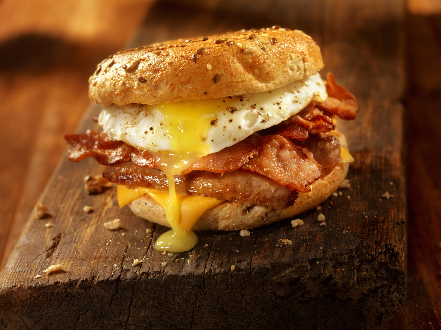 Bagel, Bacon, Sausage and Egg Breakfast Sandwich