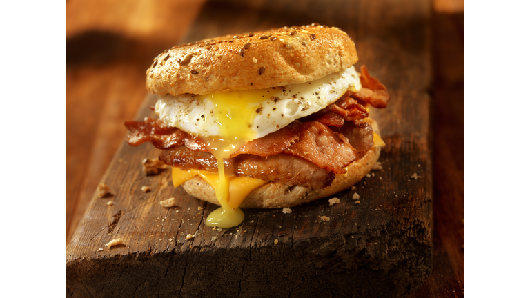 Bagel, Bacon, Sausage and Egg Breakfast Sandwich