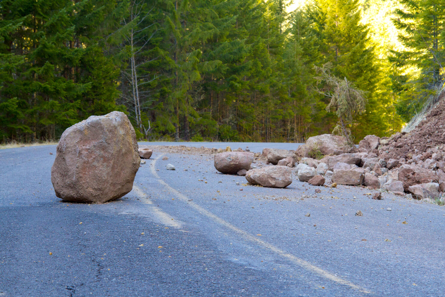 Closeup of the landslide of a blocked road