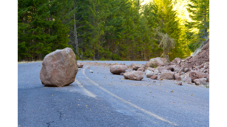 Closeup of the landslide of a blocked road