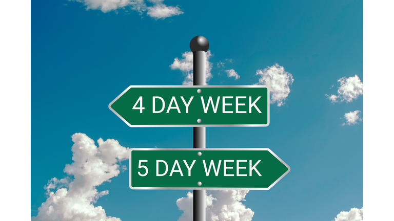 Five-day or Four-day workweek - Traffic sign with text - 4-day or 5-day work week ( 2-day or 3-day weekend ). Employees, employment, holiday, Question of productivity and efficiency