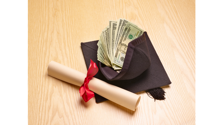 Rolled diploma and mortar board with US banknotes inside, studio shot