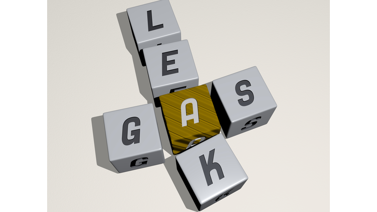 crosswords of GAS LEAK arranged by cubic letters on a mirror floor, concept meaning and presentation. illustration and background. 3D illustration