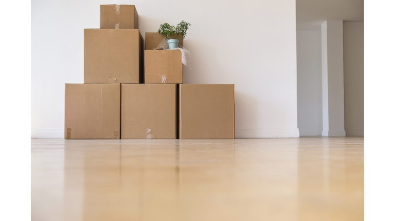 Cardboard boxes stacked against wall in empty apartment