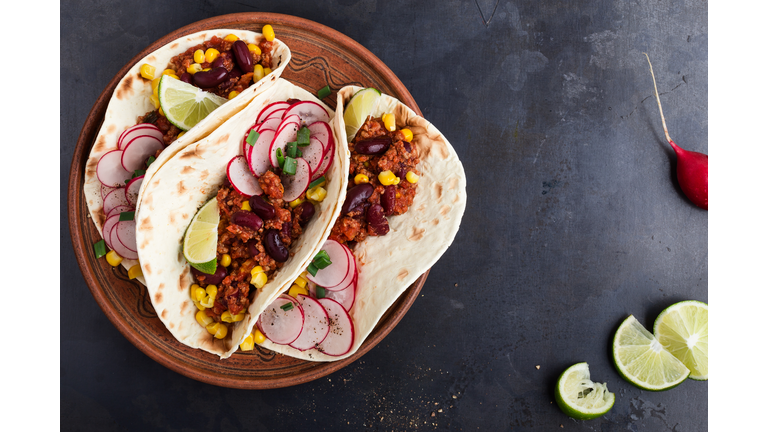 Chili con carne tacos viewed from above