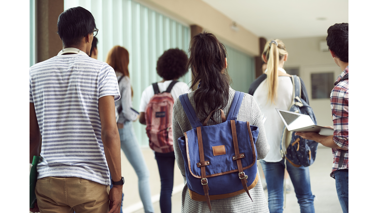 Students walking in school corridor, rear view