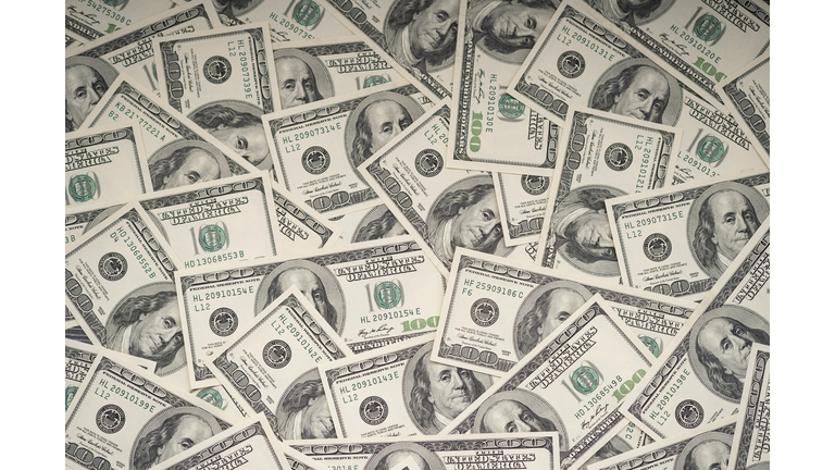 Hundred dollar bills background, top view