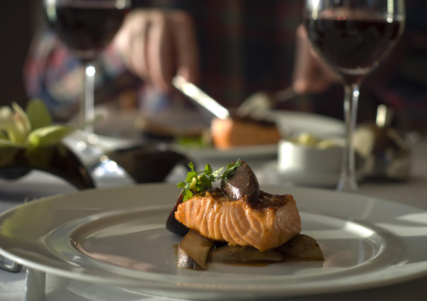 Fine Dining Table for Two, Restaurant Dinner; Salmon Fish Seafood