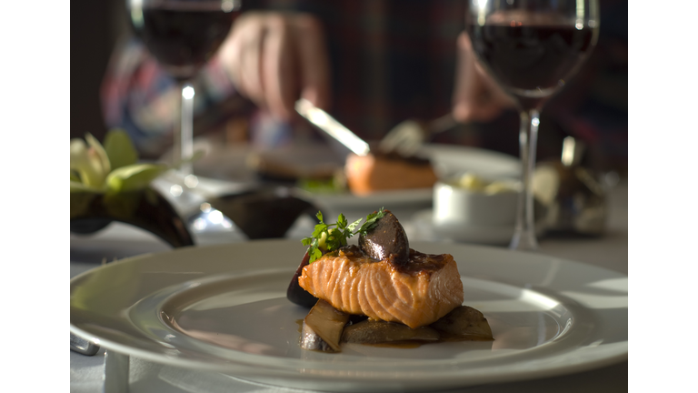 Fine Dining Table for Two, Restaurant Dinner; Salmon Fish Seafood