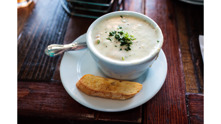Clam chowder in a small cup